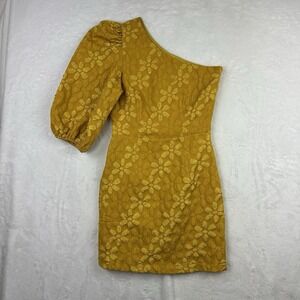 Carole Christian Gold Yellow One Shoulder Embellished Brocade Dress Size Small